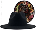 Detail showing the colorful leopard print lining under the black felt fedora hat brim - M (56-58cm) / Black Spliced Neon Leopard Print (06)