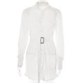 Detail of white button-down shirt dress with ruffled texture and belted waist detail - S / White