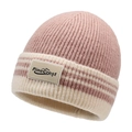 Bonnet en tricot à rayures roses et crème avec écusson en cuir pour l'hiver - Taille unique / Rose