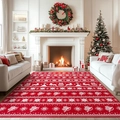 Detail of red Christmas carpet featuring white snowflake and reindeer patterns in a cozy room - 40*60cm (Skin-friendly Velvet) / Red Deer Bell Tree (WCY-6)