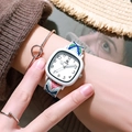 Chic women's square watch with colorful woven strap and white dial on wrist - White and Blue