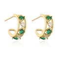 Macro shot of gold-plated C-shaped earrings with inlaid green and white cubic zirconia - Gold C-Shaped Green White Zircon (42723)