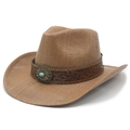 Chapeau de cowboy en paille marron vintage avec boucle turquoise et bande cuir - M (56-58cm) / Kaki