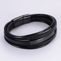 Multi-layer black PU leather bracelet for men featuring a magnetic metal clasp and sleek design - Black Magnetic Buckle