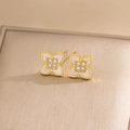 Elegant gold four-leaf clover stud earrings with white mother of pearl and diamonds - Gold White Stud Earrings