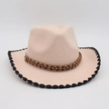 Pink western cowboy felt hat with ethnic beaded band and black scalloped trim detail - Beige Black Edge With Brown Wood Beads