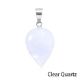 Polished teardrop clear quartz crystal pendant with a silver metallic clasp and white base - White Crystal