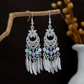 Silver Bohemian tassel earrings with pink and blue beads and metal feather charms - Multicolor(E1587-1)
