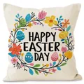 Linen Easter cushion cover featuring colorful egg wreath and Happy Easter Day text - Happy Easter Day Wreath Letter