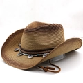 Western style straw cowboy hat with wide brim, turquoise bead band and windproof chin cord - M (56-58cm) / Khaki Coffee Gradient