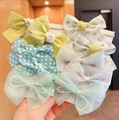 Elastic bow hair ties set for girls in light green fabric with floral and polka dot patterns - Green Floral Style (0662-14)