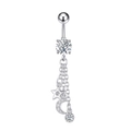 Detailed view of silver belly ring with dangling stars, moon and sparkling zircon stones - 2753 Steel Color Star Moon Tassel