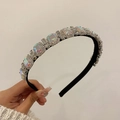 Elegant silver headband with large iridescent square crystals on a black fabric base - Mermaid Color