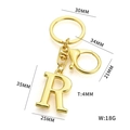 Golden stainless steel letter R keychain with lobster clasp and size specifications - Letter R