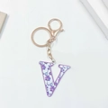Letter V keychain with purple floral pattern and golden metal lobster clasp charm - Letter V (No Tassel)