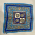 Sky blue square silk scarf featuring golden baroque patterns and greek key border - Blue Cashew Square / 65