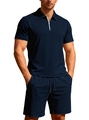 Marineblauw heren vrijetijdsset met polo en korte broek in ruitvormig breipatroon - S / Marineblauw