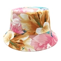 Detailed view of artistic floral print bucket hat with multi-row stitching on the brim - M (56-58cm) / Pink Blue and Yellow Floral Pattern (1#)