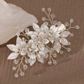 Detailed close-up of handmade bridal hair clip with silver leaves, pearls and crystals - 2# Silver Hair Clip