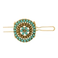 Vintage gold hair pin with turquoise flower design for women's retro hairstyling - Antique Gold