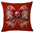 Square red Christmas pillowcase featuring a 3D faux jewel encrusted bow pattern - Jewelry Bow