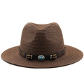 Chapeau Panama classique en paille marron avec perles turquoise pour protection solaire - M (56-58cm) / Marron