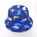 Detailed view of kids sun hat with cartoon whale prints and swimming text patterns - Royal Blue Whale