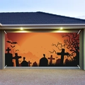Halloween garage door banner featuring spooky cemetery silhouettes and orange sunset - 100cmx70cm / Orange Sunset Cemetery Style (WS098)
