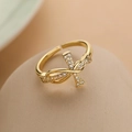 Adjustable 18K gold plated copper ring with zircon cross and elegant bow design - Adjustable Open / Gold Curved Cross (13668)