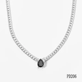 Minimalist stainless steel chain necklace with black pear cut zircon pendant in silver finish - Silver with Black Cubic Zirconia