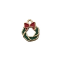 Christmas wreath charm with red bow and green enamel in gold tone metal finish - Mini Red and Green Christmas Wreath
