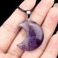 Natural purple amethyst moon pendant with black braided rope necklace for women - 30mm Amethyst