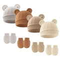 Infant beanie and mittens set with cute round ears in earth tones on white background - Multi-Pack Hat And Mittens / Milk Tea, Caramel, Khaki And Apricot