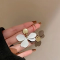 Elegant floral stud earrings in white and brown tones with polished gold metal finish - Brown Flower Silver Post Earrings