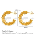 Golden C-shaped earrings in 18K gold-plated stainless steel with rhinestones and pearls - White Pearl And Rhinestone Gold Style (EH717)