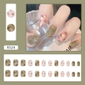 Korte vierkante kunstnagels met donkergroen cat-eye effect en handgeschilderde bloemenart - Frisse Camellia Stijl (R524)