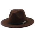 Detail of dark brown wool fedora hat with black leather band and silver checkerboard buckle - M (56-58cm) / Coffee