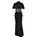 Robe longue noire élégante avec mesh transparent, col montant et coupe moulante - L / Noir