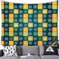 Detail of colorful bohemian mandala patterns on a wall tapestry above a grey sofa - 100x70cm (Short Plush) / Navy Green Yellow Orange Grid (20)