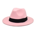 Close-up of pink wool fedora featuring a wide black elastic band and smooth felt texture - M (56-58cm) / Pink