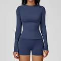 Slim fit long sleeve yoga set in hazy blue with matching high waist sports shorts - S / Tops / Navy Blue