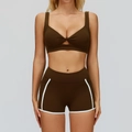 Deep brown yoga set featuring a twist-knot sports bra and high-waist shorts with white piping - S / Bra + Shorts / Chocolate Brown