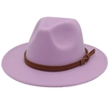 Chapeau fedora en laine lavande avec bandeau en cuir marron et larges bords rétro - Violet Taro (Bord Plat Corde Jaune)