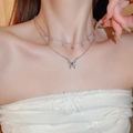 Detail of silver double-layer necklace with pink crystal drop and crystal butterfly pendant - Silver Purple Butterfly (9#)