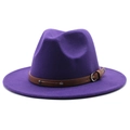 Close-up of purple wool fedora hat featuring a brown leather belt with metal buckle - M (56-58cm) / Purple
