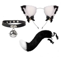 Three-piece black and white cat cosplay set with bell choker, ear headband and furry tail - White Black Mixed + Large Bell PU Choker + Black White Tail