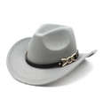 Close-up of grey wool felt cowboy hat with classic gold chain buckle detail on black band - M (56-58cm) / Gray