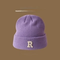 Winter light purple knitted beanie hat with R letter patch and thick warm texture - R Label-Purple