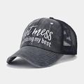 Detail of vintage charcoal mesh ponytail cap featuring distressed embroidery text - Adjustable / Charcoal Hot Mess Slogan