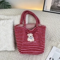 Pink and red striped plush tote bag with cute white puppy embroidery and Happy Dog text - Large Capacity Tote Bag / Pink Stripe Cute Dog